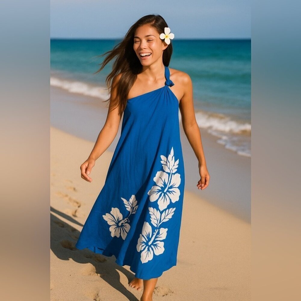 Design Batik Blue White Floral Print Hawaiian One Shoulder Midi Dress No Size